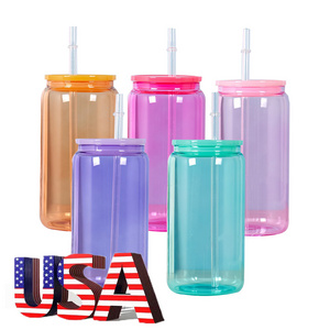 USA Warehouse 16oz Colored Cups Candy Jelly Beer Glass Can Shaped Sublimation Glass Can with Colorful Plastic Lid and Straw