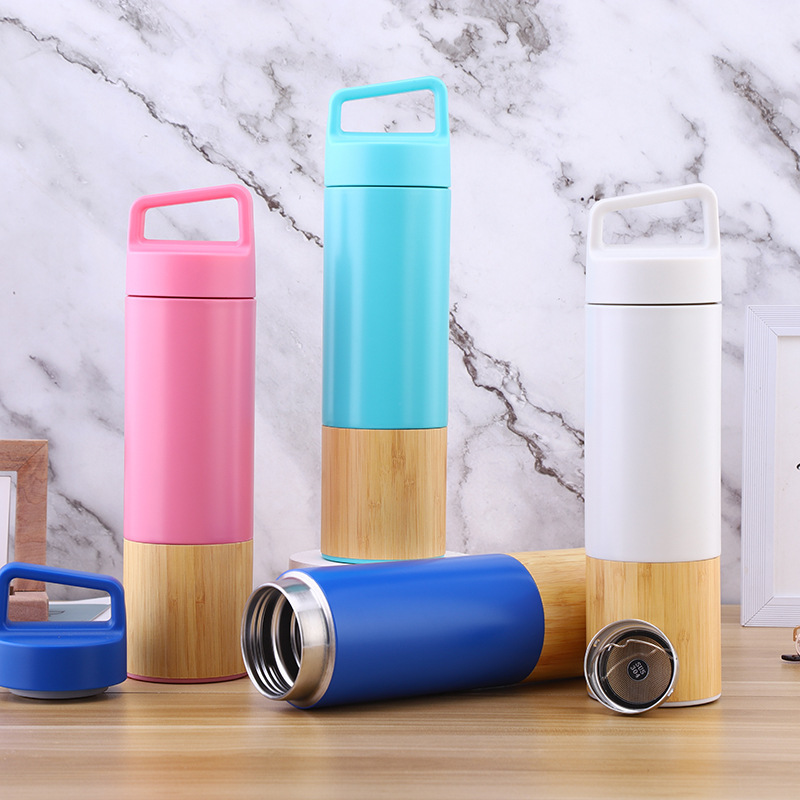 Custom Bamboo Shell TSport Vacuum Flask 304 stainless steel insulated cup Korean style coffee handle cup bamboo water bottle