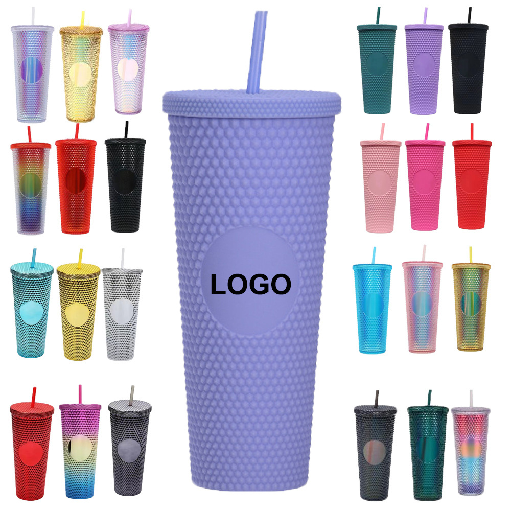 Reusable Portable Customized Logo Plastic Tumbler Cups BPA Free 24oz Double Wall Bulk Studded Tumbler With Lid and Straw