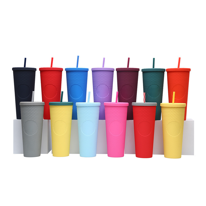 Reusable Portable Customized Logo Plastic Tumbler Cups BPA Free 24oz Double Wall Bulk Studded Tumbler With Lid and Straw