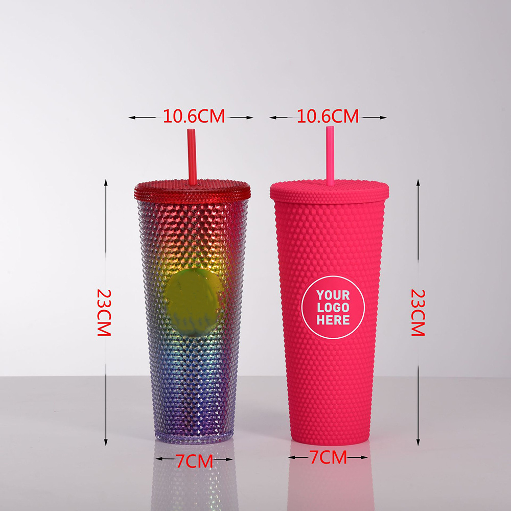 Reusable Portable Customized Logo Plastic Tumbler Cups BPA Free 24oz Double Wall Bulk Studded Tumbler With Lid and Straw