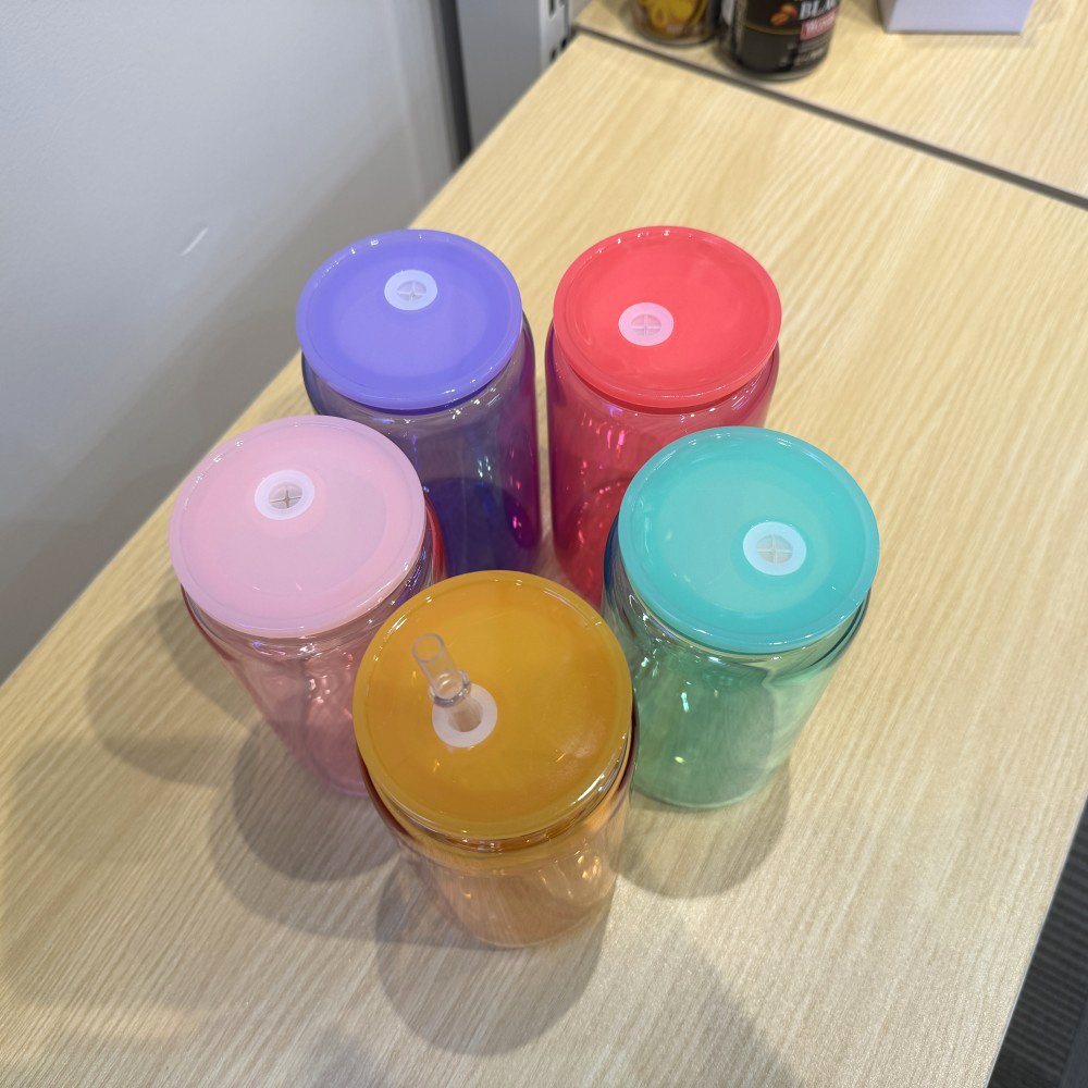 USA Warehouse 16oz Colored Cups Candy Jelly Beer Glass Can Shaped Sublimation Glass Can with Colorful Plastic Lid and Straw