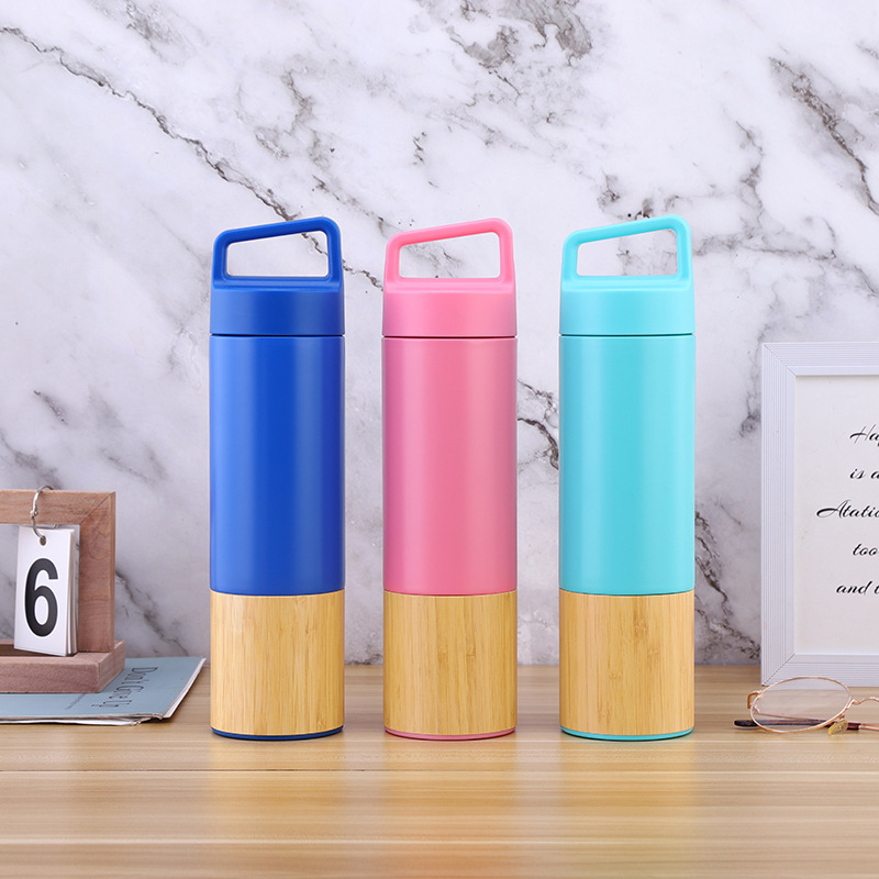 Custom Bamboo Shell TSport Vacuum Flask 304 stainless steel insulated cup Korean style coffee handle cup bamboo water bottle