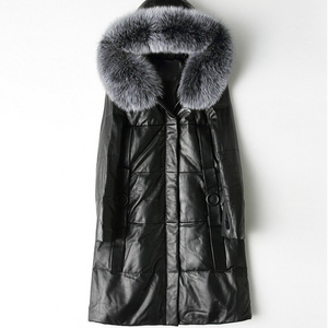 New Desgin Genuine Leather Women Sheepskin Long Coat Real Fox Fur Collar Warm Parka