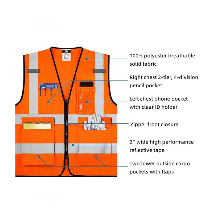 Safety Vest Reflective ANSI Class 2 High Visibility Vest with Pockets and Zipper Construction Work Vest Hi Vis Orange M