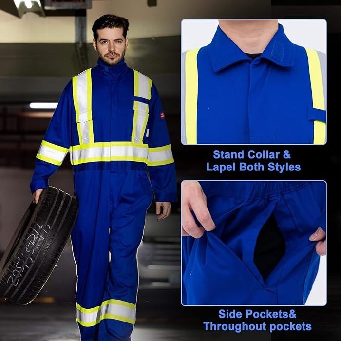 Flame Resistant FR Coverall Men's High Visibility Hi Vis Coverall Reflective Action Back Jumpsuit with Muti Pockets