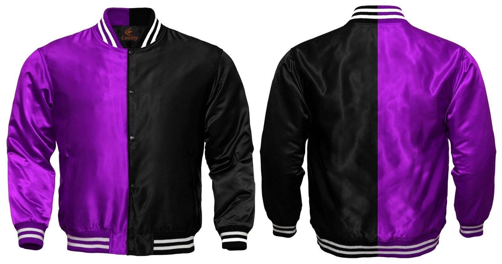 New Baseball Letterman College Varsity Bomber Jacket Sports Purple Black Satin Letterman Jacket