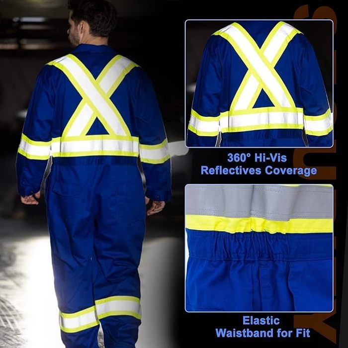 Flame Resistant FR Coverall Men's High Visibility Hi Vis Coverall Reflective Action Back Jumpsuit with Muti Pockets