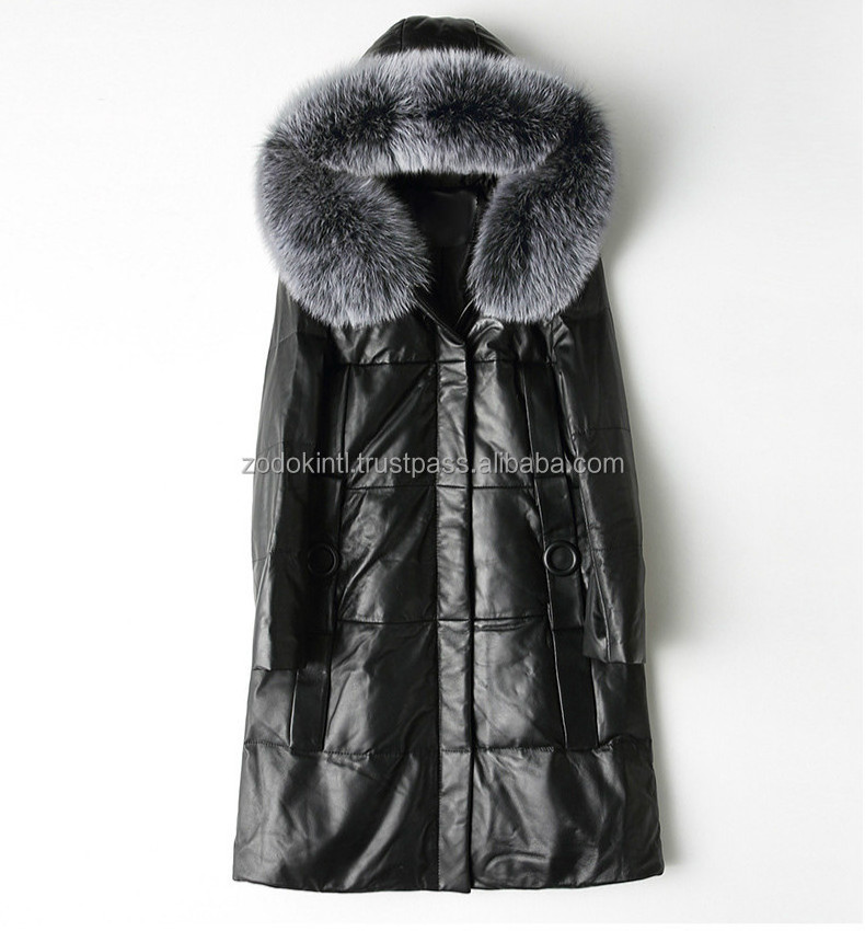 New Desgin Genuine Leather Women Sheepskin Long Coat Real Fox Fur Collar Warm Parka