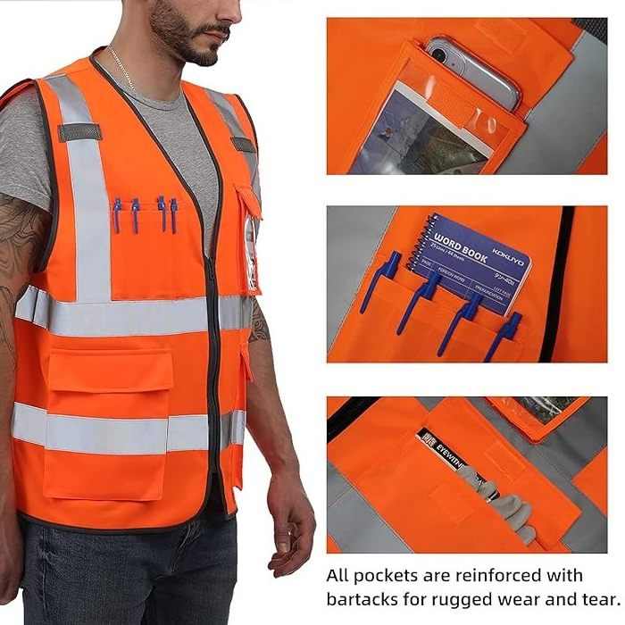 Safety Vest Reflective ANSI Class 2 High Visibility Vest with Pockets and Zipper Construction Work Vest Hi Vis Orange M