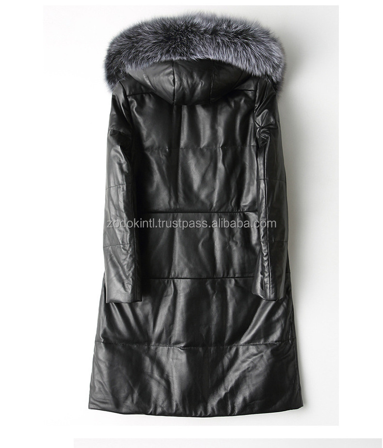 New Desgin Genuine Leather Women Sheepskin Long Coat Real Fox Fur Collar Warm Parka