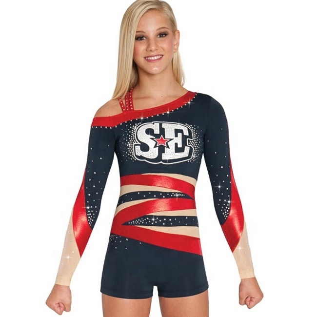 New Latest Top Quality Long Sleeves  Competition M-etallic Cheerleading Uniforms