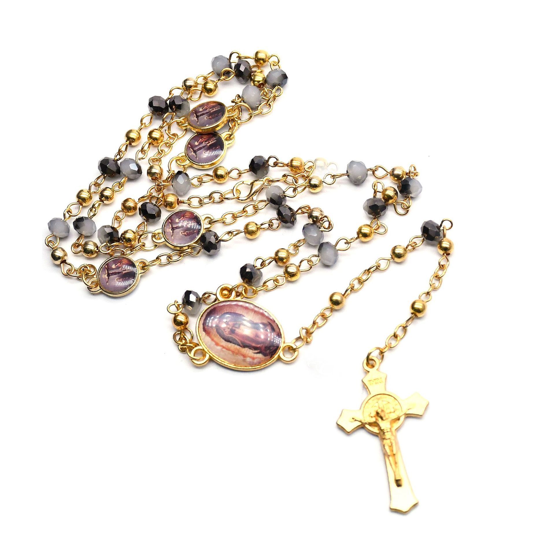 Gold Plated Stainless Steel Beads Chain Jesus Cross Virgin Mary Necklace Religious Christian custom rosary necklace