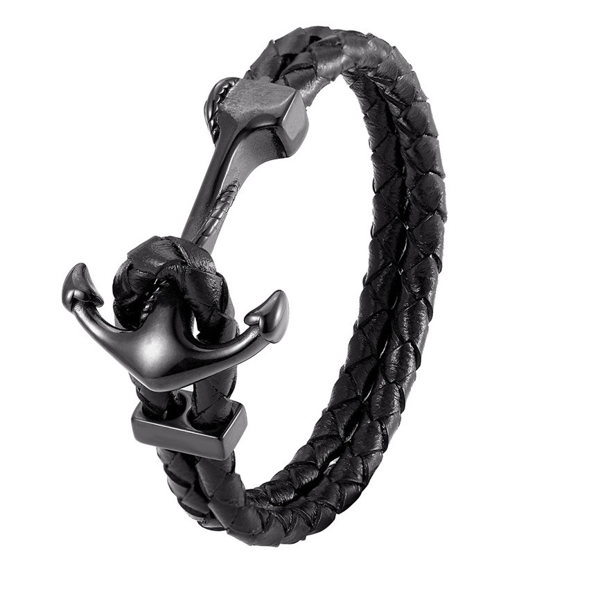 gold silver black stainless steel anchor braided bracelets jewelry genuine leather bracelet for men