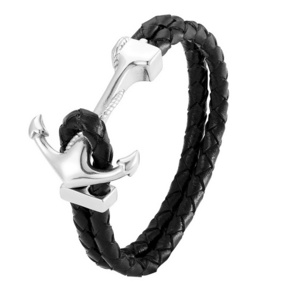 gold silver black stainless steel anchor braided bracelets jewelry genuine leather bracelet for men