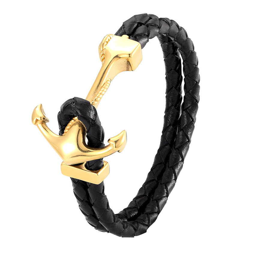 gold silver black stainless steel anchor braided bracelets jewelry genuine leather bracelet for men