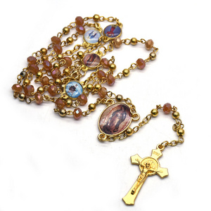 Gold Plated Stainless Steel Beads Chain Jesus Cross Virgin Mary Necklace Religious Christian custom rosary necklace