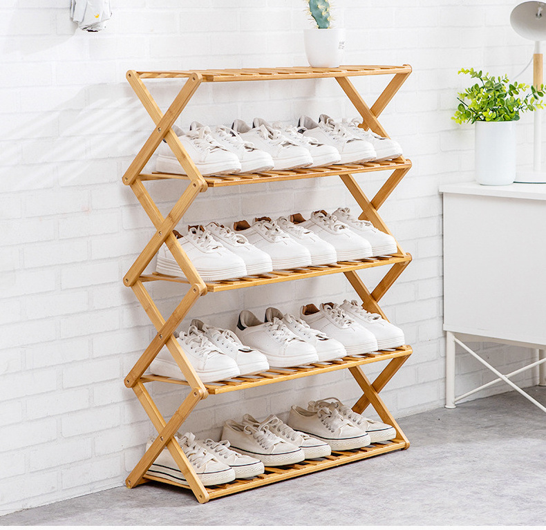 Collapsible Shoe shelf  Modern Foldable Shoe Rack Organizer in Wood Stackable Storage Organizer Eco-friendly Bamboo Shoe Rack