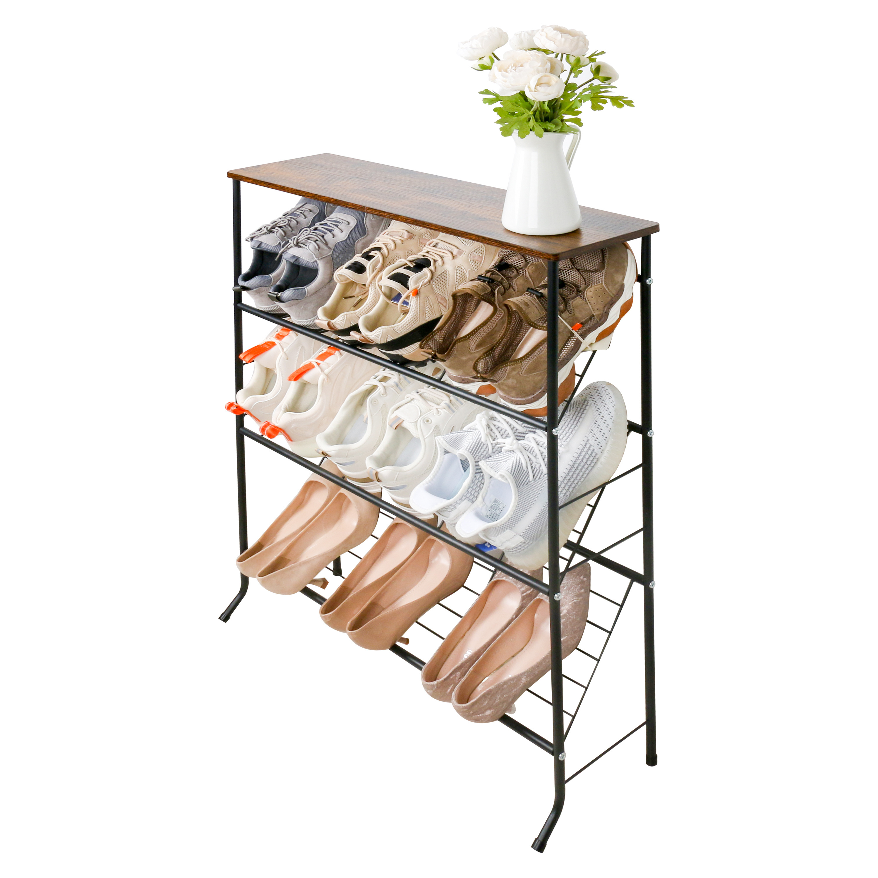 4 Tier Shoe Storage Organizer Metal Shelves with Wood Top Board Black Shoe Racks Stand