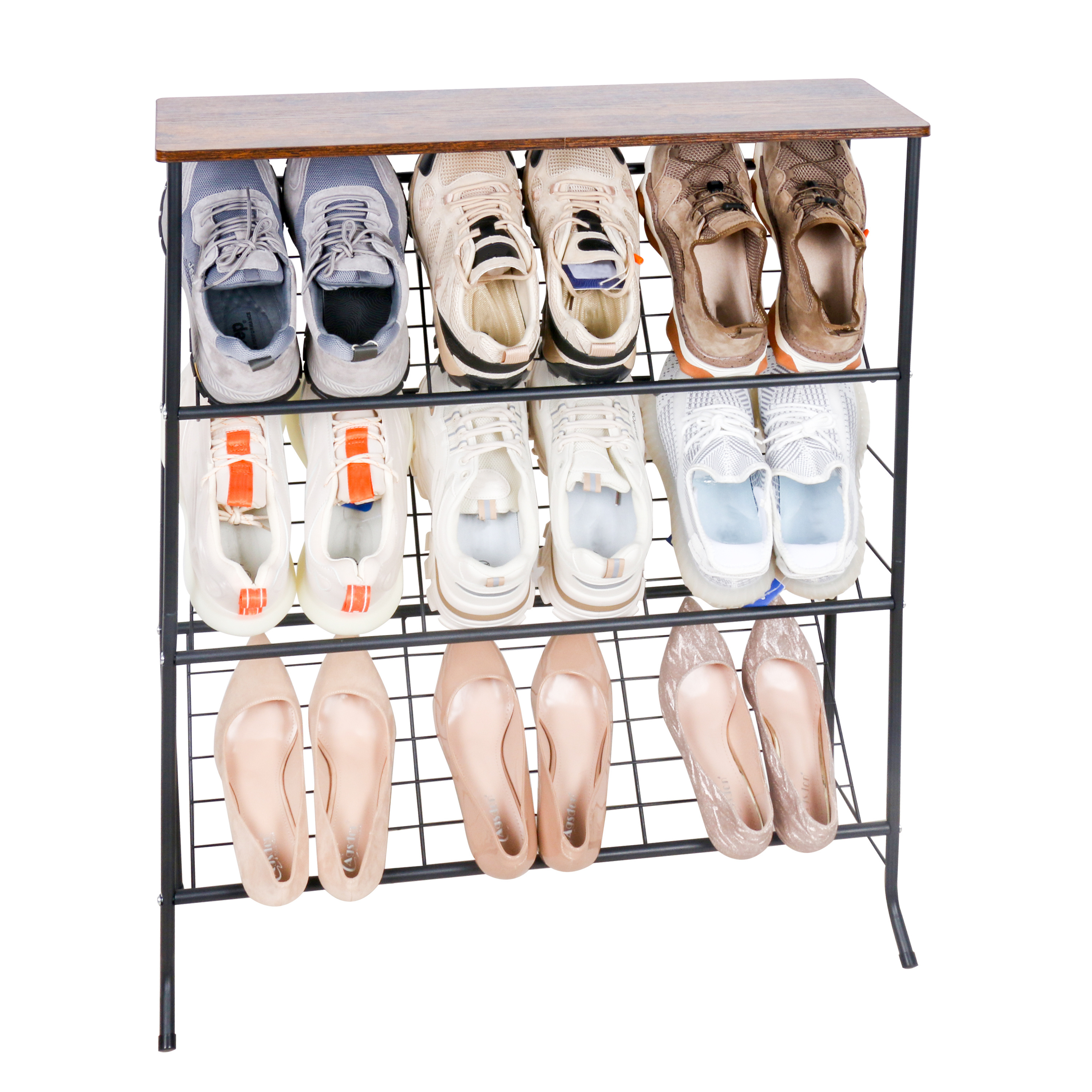 4 Tier Shoe Storage Organizer Metal Shelves with Wood Top Board Black Shoe Racks Stand