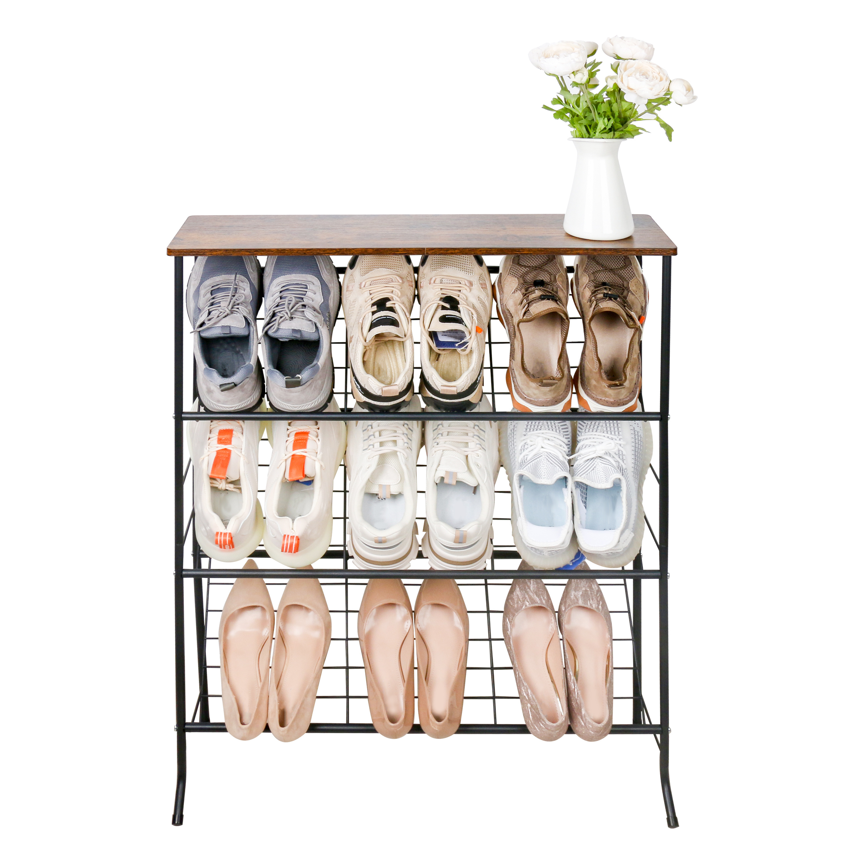 4 Tier Shoe Storage Organizer Metal Shelves with Wood Top Board Black Shoe Racks Stand