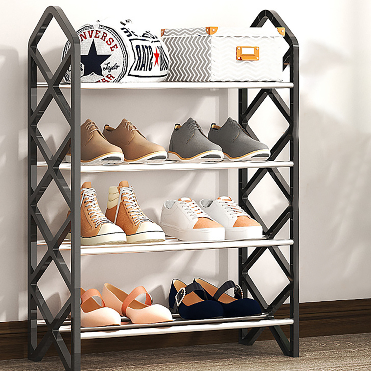 Wholesale design production metal 4-Tier shoe stand rack online modern  storage shoes rack for entryways