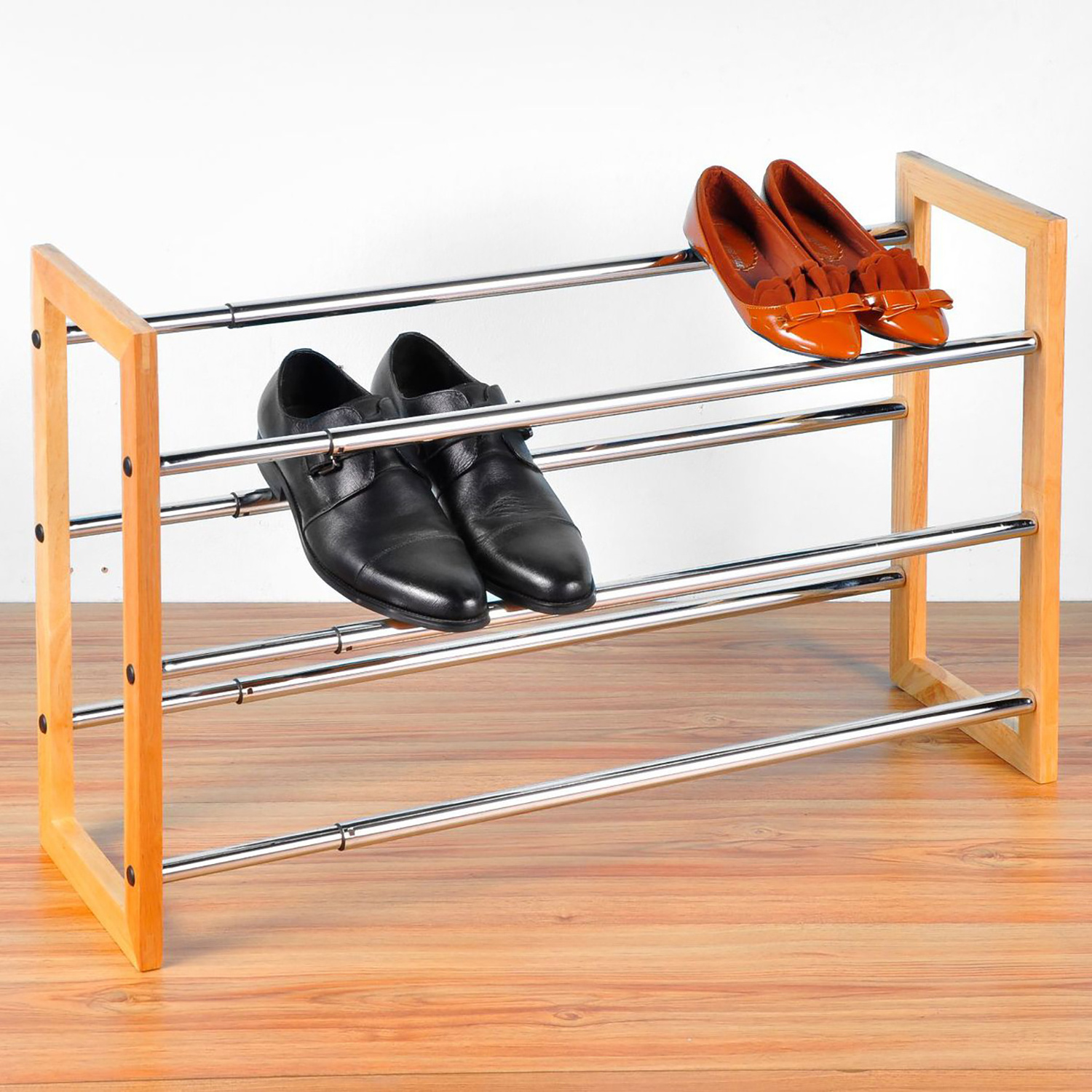 New Arrival Bamboo Wooden extendable Shoe Rack 2-Tier stainless steel Shoes rack for entryways shoe organizer for living room