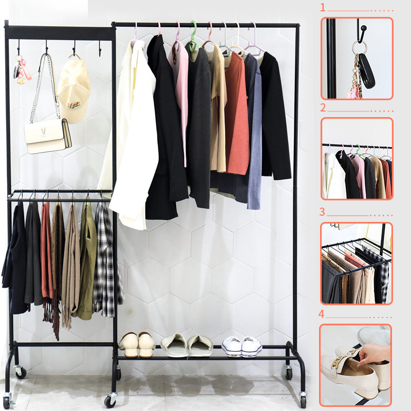 Multifunctional Clothes Hanging Rack With Wheels Double Rod Strong Multi-layer Cloth  Rack Stand With Roller