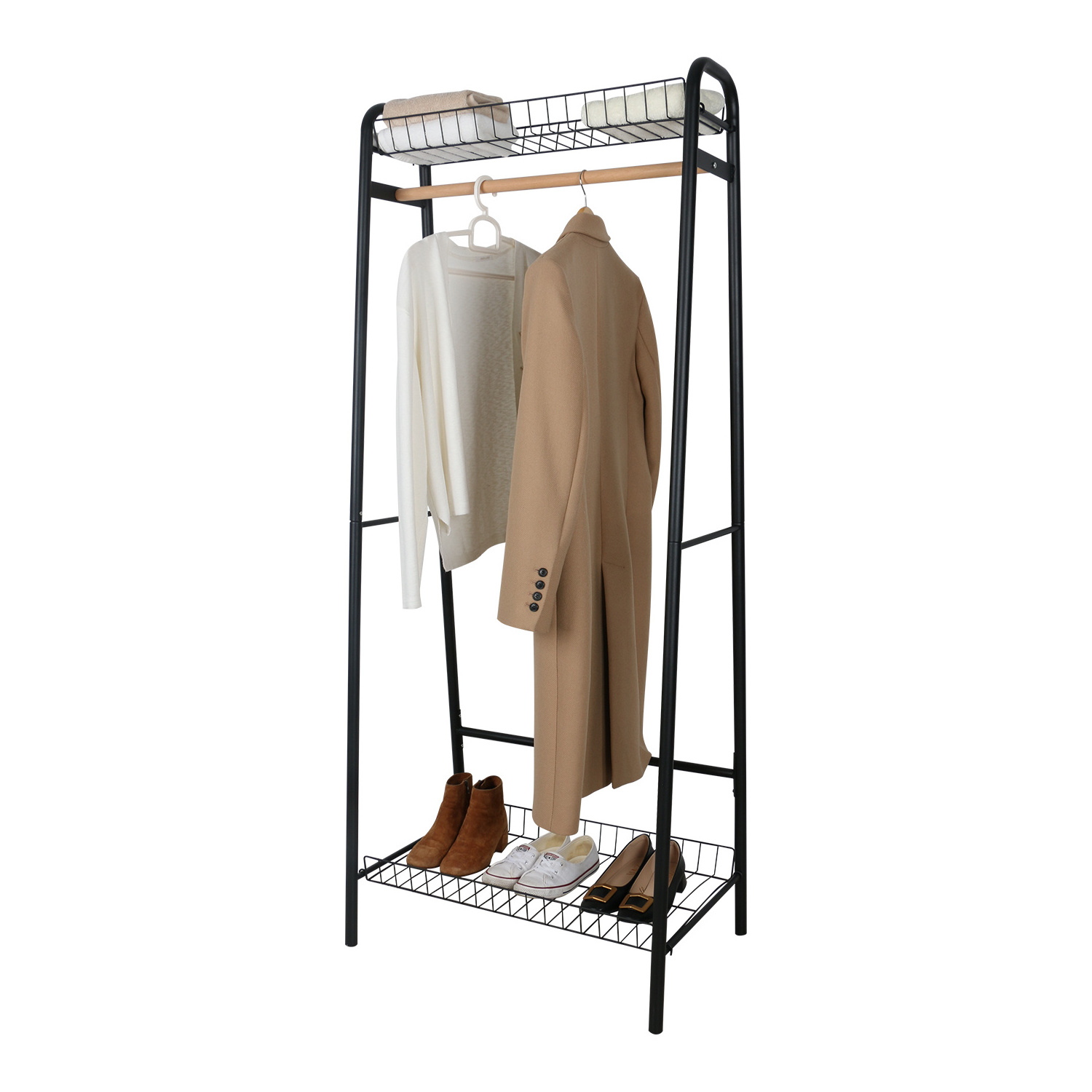 Hot sale Clothes hanger rack for home garment cloth hanging rails with shelves pole hat coat and shoe rack with wire basket