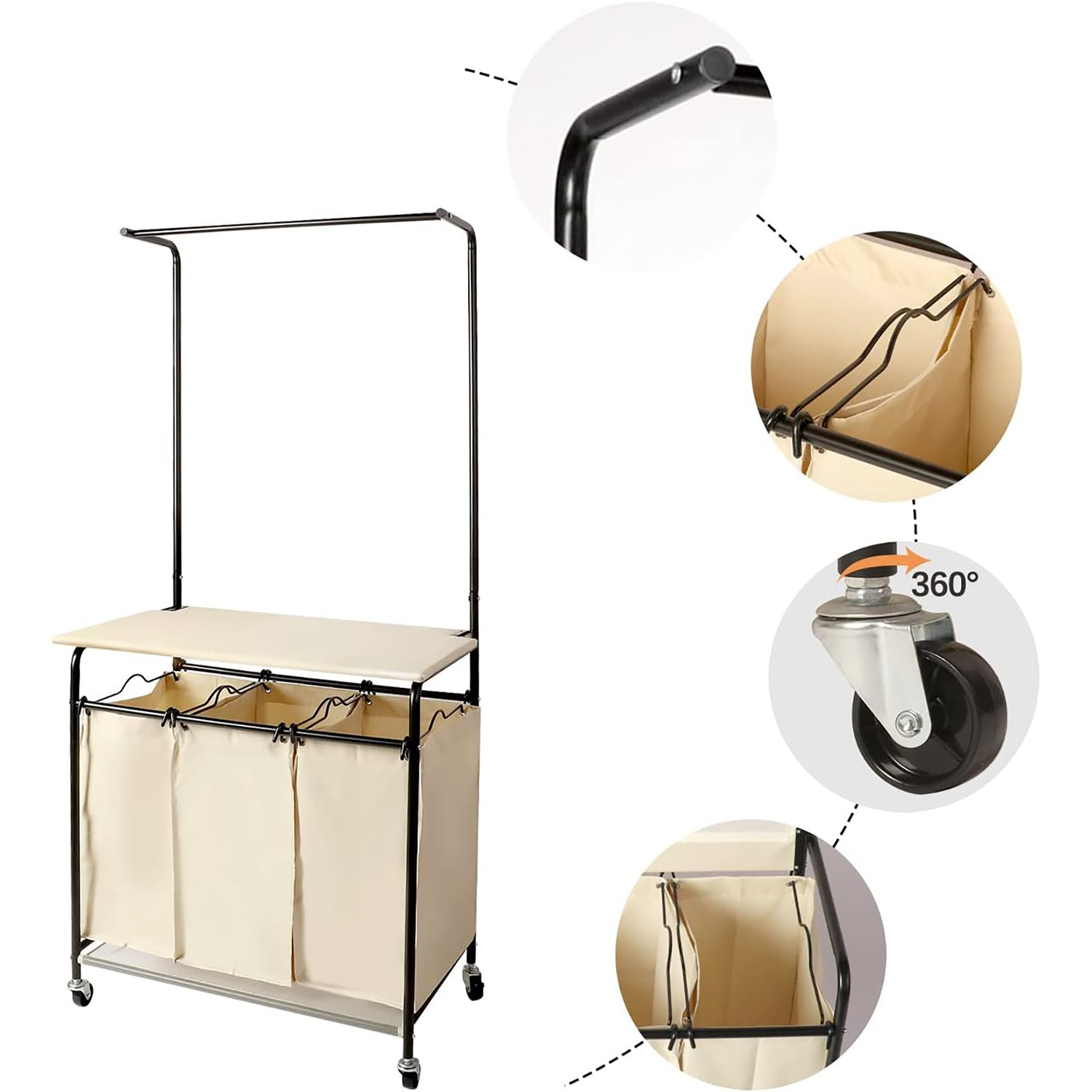 Modern Rolling Laundry Sorter with Adjustable Hanging Bar 3-Bag Metal Steel Laundry Hampers Trolley Cart with Wheels