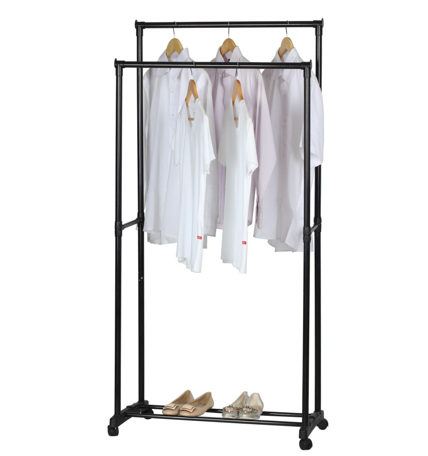 Good Quality Double Rod Rolling Portable Clothes Hanger Metal Garment Rack with Industrial Wheels