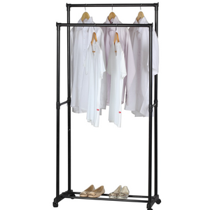 Good Quality Double Rod Rolling Portable Clothes Hanger Metal Garment Rack with Industrial Wheels