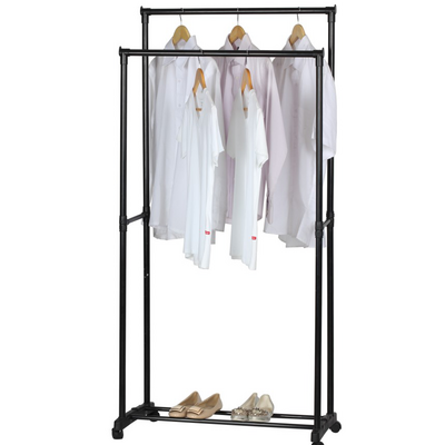 Good Quality Double Rod Rolling Portable Clothes Hanger Metal Garment Rack with Industrial Wheels