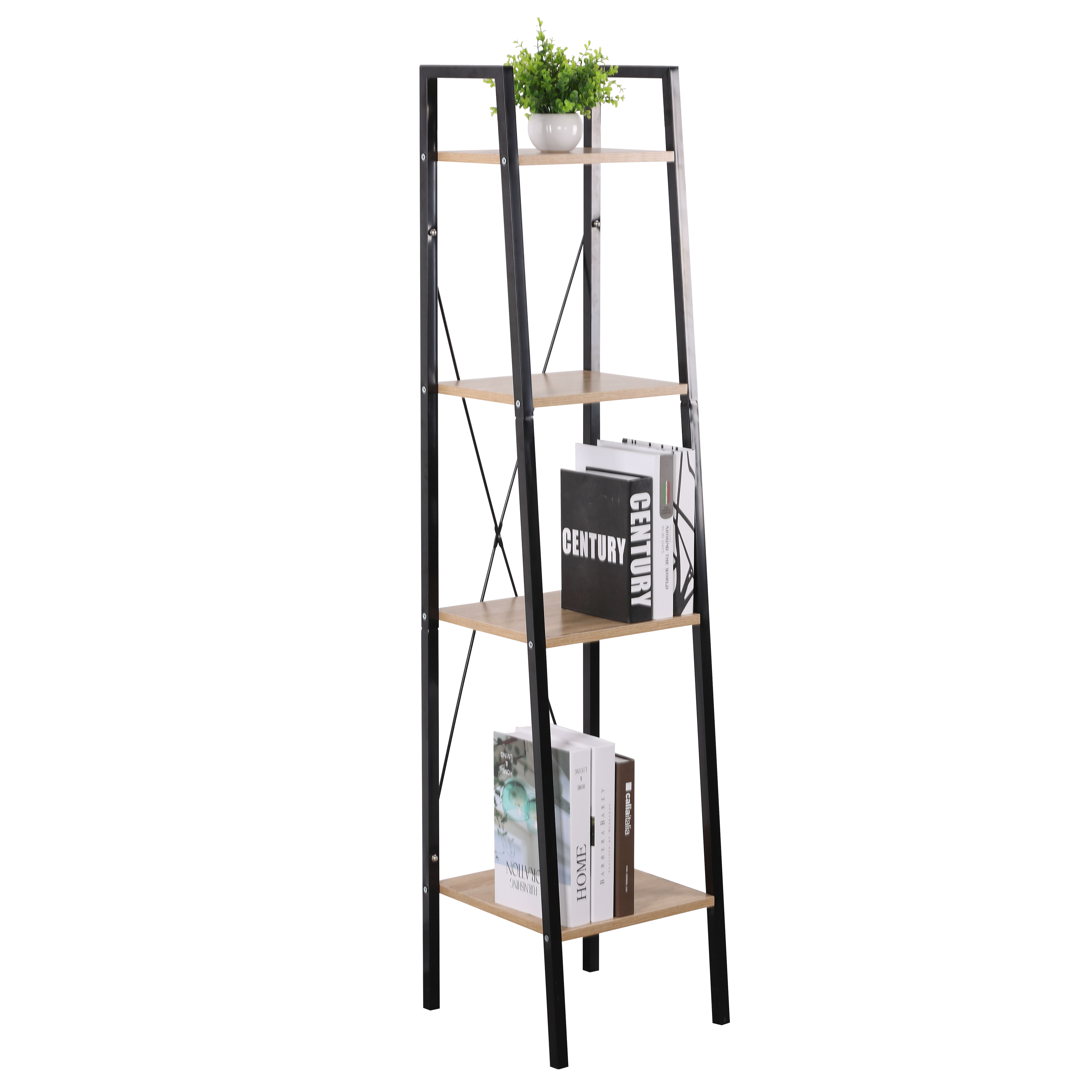 Modern Antique 4 Tier Metal Standing Bookcase Decorative Industrial Wood Ladder Book Shelf for Living Room