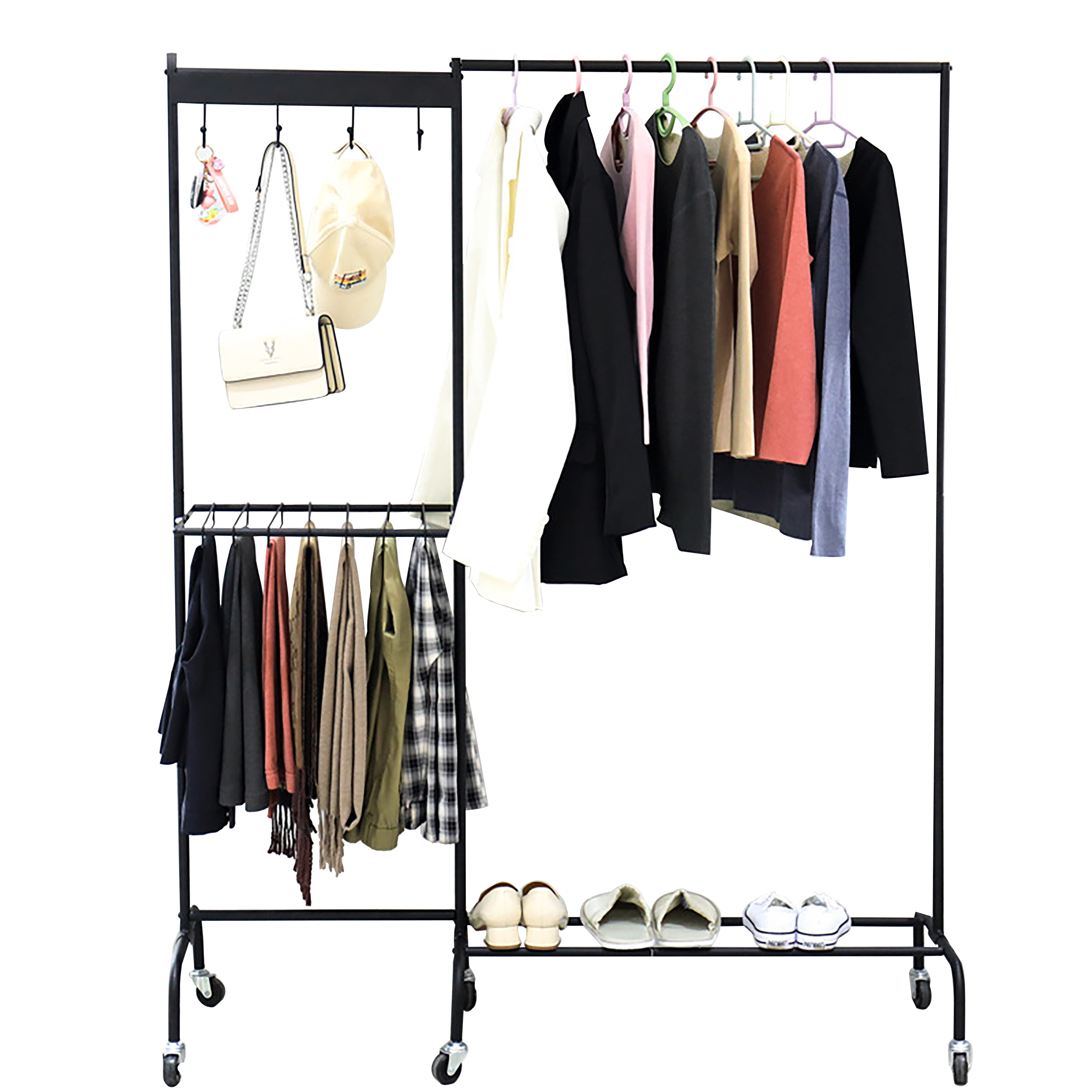 Multifunctional Clothes Hanging Rack With Wheels Double Rod Strong Multi-layer Cloth  Rack Stand With Roller