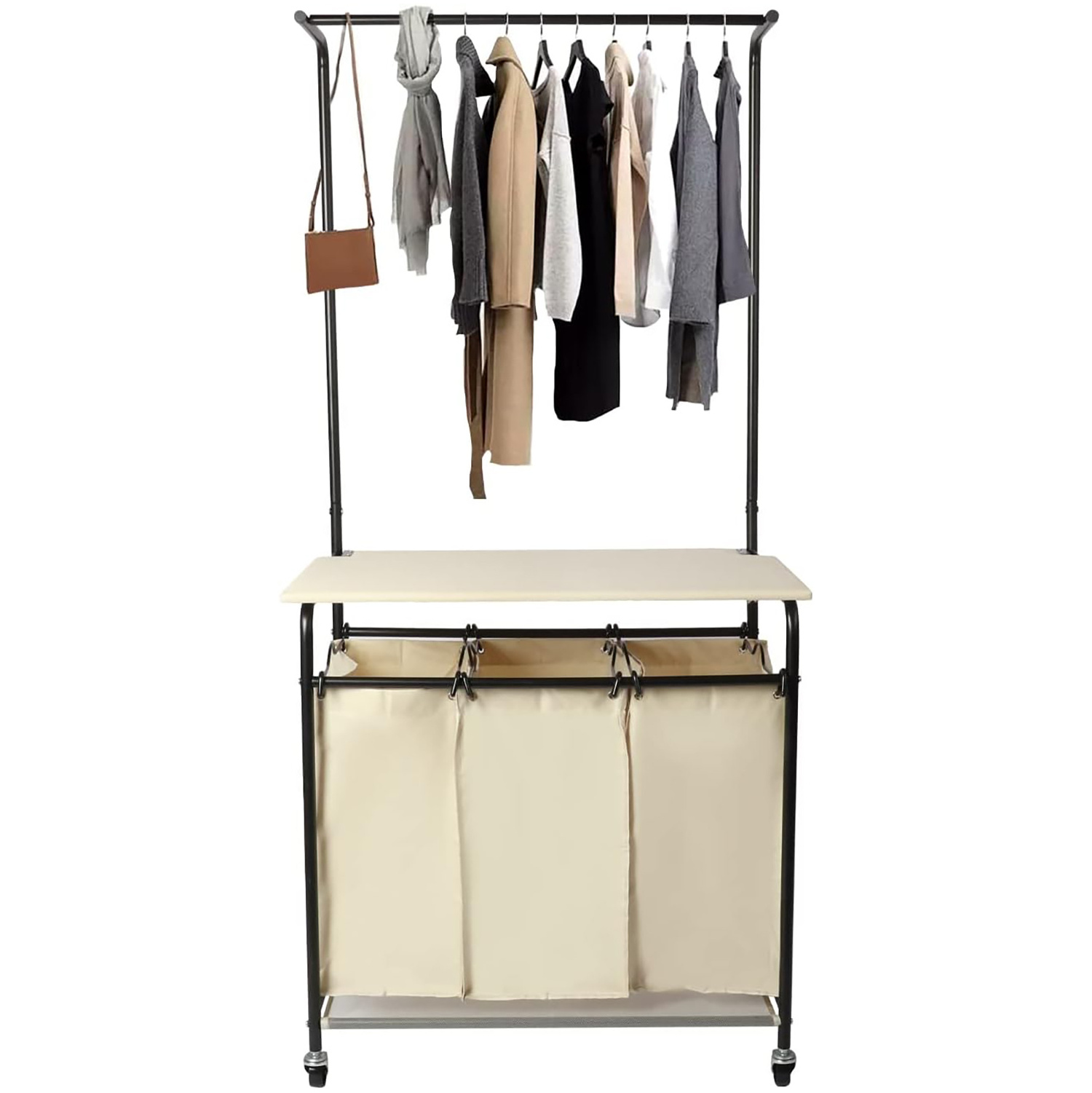 Modern Rolling Laundry Sorter with Adjustable Hanging Bar 3-Bag Metal Steel Laundry Hampers Trolley Cart with Wheels