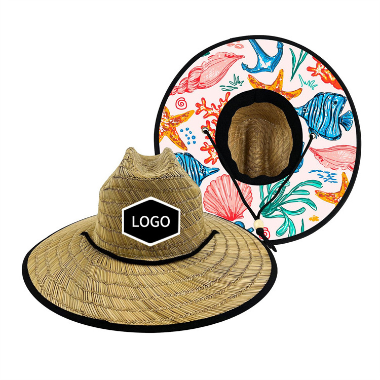 logo custom wholesale wide brim beach unisex men women outdoor surfing sun protection lifeguard chin strap real straw hat hats