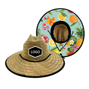 logo custom wholesale wide brim beach unisex men women outdoor surfing sun protection lifeguard chin strap real straw hat hats