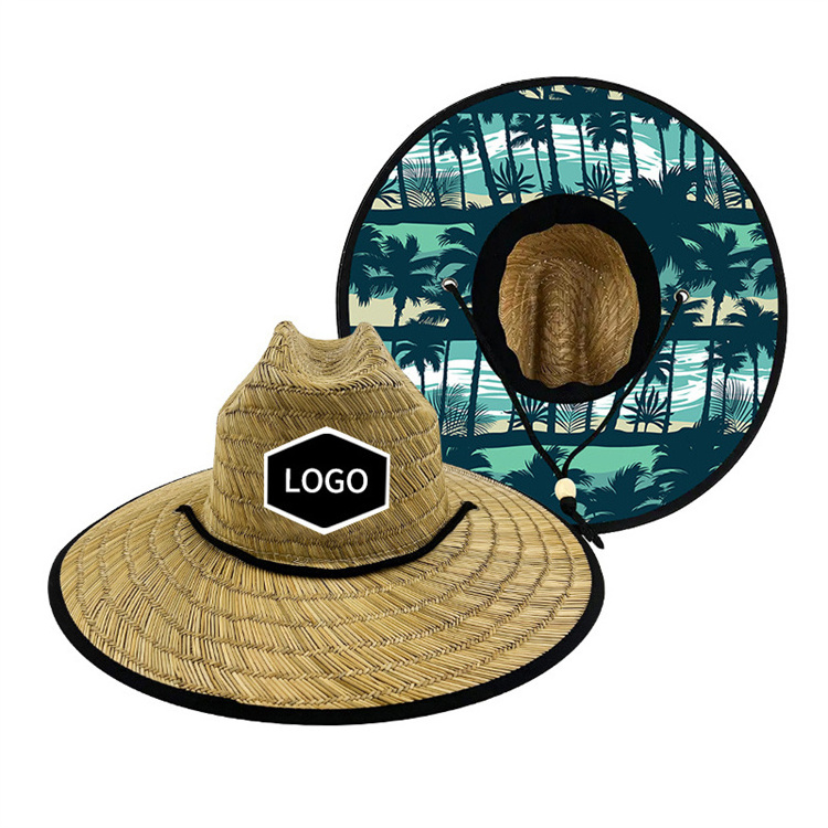 logo custom wholesale wide brim beach unisex men women outdoor surfing sun protection lifeguard chin strap real straw hat hats