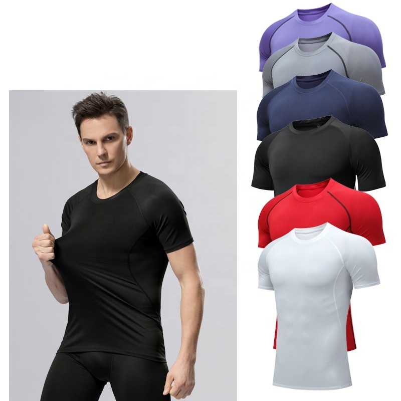 high elastic men fitness short sleeve sports t shirt quick-dry gym clothes breathable training tight plain compression t shirts