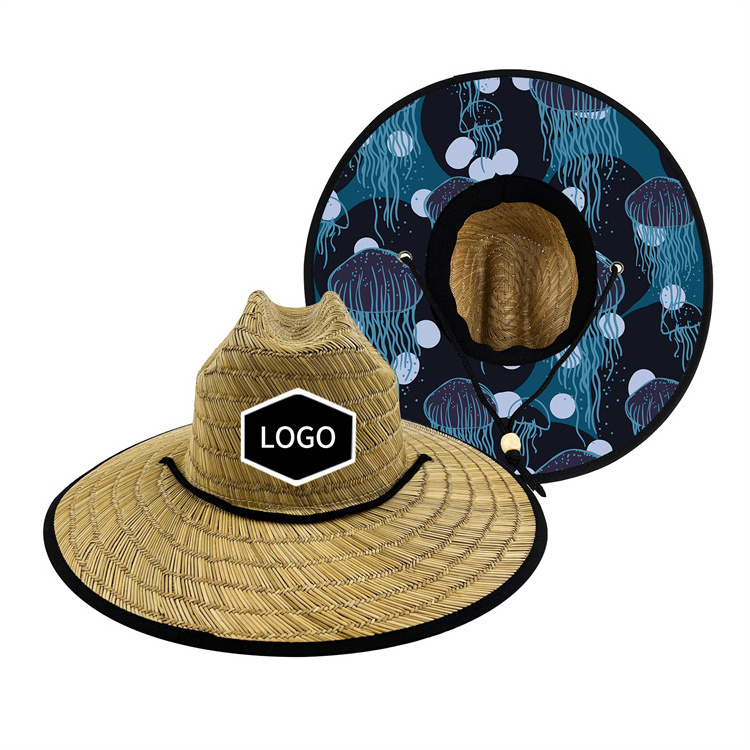 logo custom wholesale wide brim beach unisex men women outdoor surfing sun protection lifeguard chin strap real straw hat hats