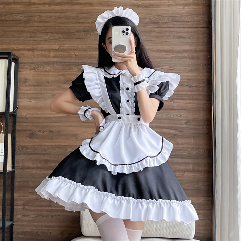 Maxi Size 5XL Woman Waitress Sexy French Maid Cosplay Costume Women Headwear Apron Black Dress Halloween Party Clothing