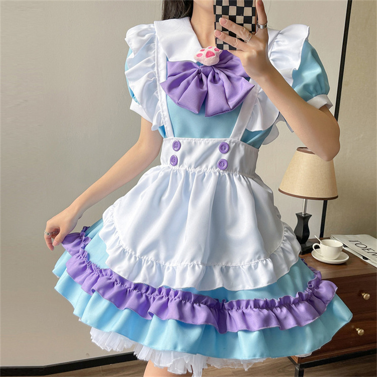 Plus Size Big Bow Halloween Anime Cosplay Maid Costumes Women Blue Maid Role Play Outfits Gothic Lolita Sexy Lingerie Dress