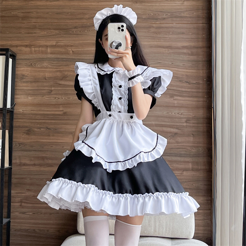 Maxi Size 5XL Woman Waitress Sexy French Maid Cosplay Costume Women Headwear Apron Black Dress Halloween Party Clothing