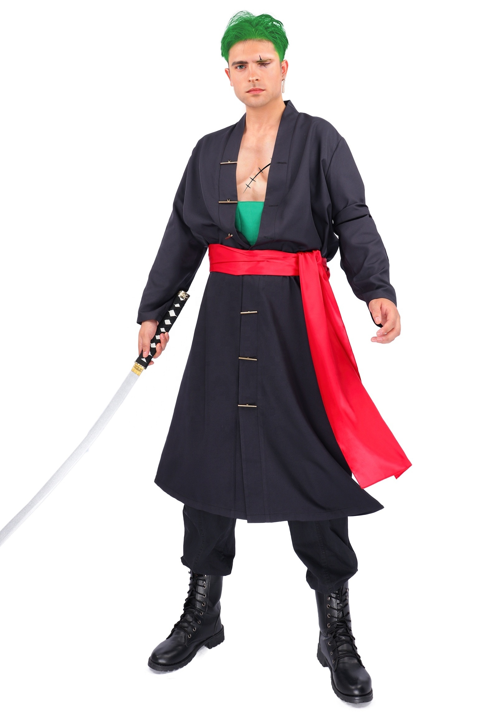 cosplay Costume Roronoa Zoro Cosplay Costume Black Kimono Robe Cloak with Sash Armband Costume Halloween