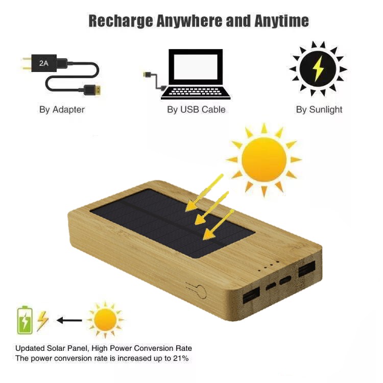 Sustainable Bamboo Eco Friendly Green External Battery Backpack Powerbank Mini Portable 10000Mah Wireless Solar Power Bank