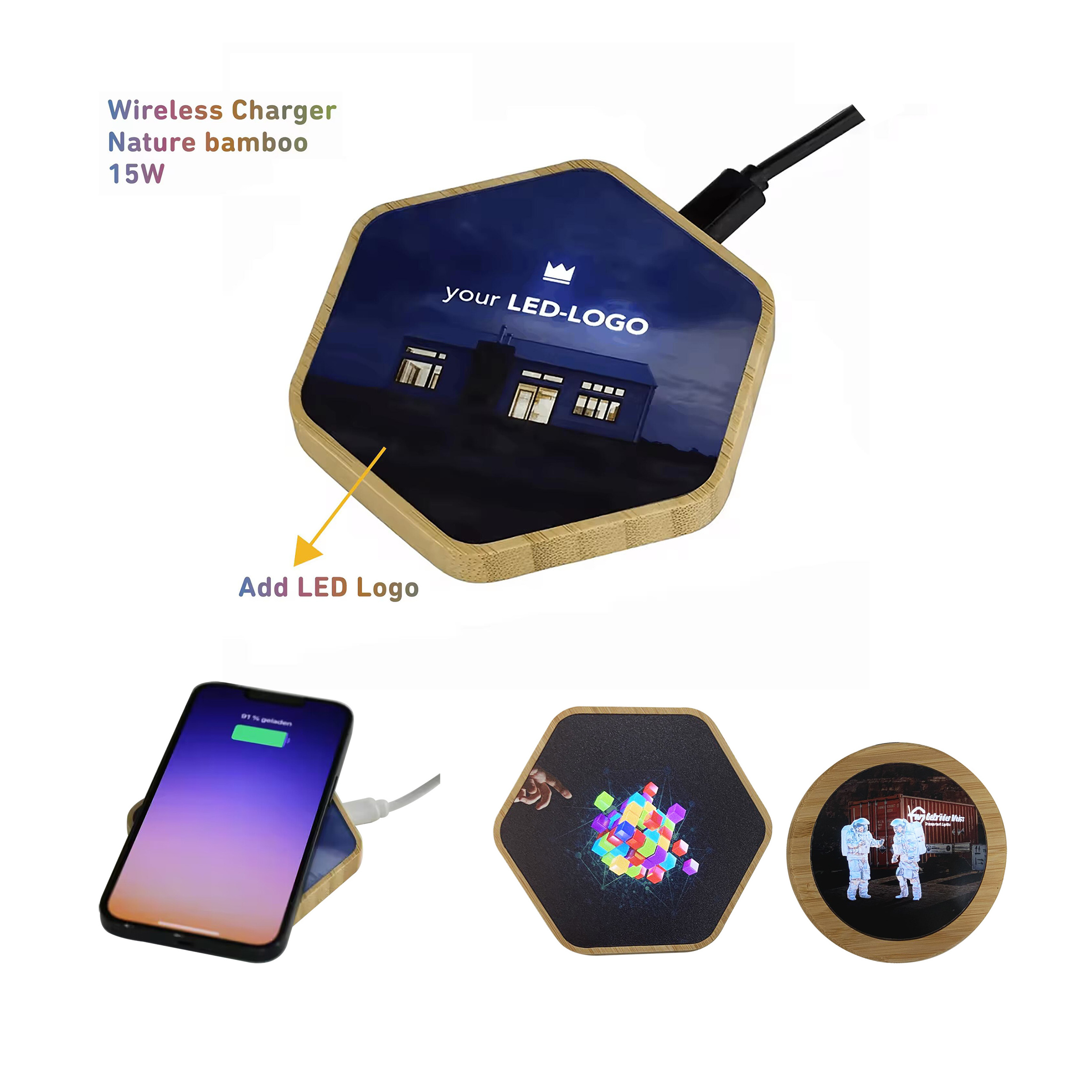 Bamboo custom led logo Fast Charger Cell Mobile Phone Adapter charging pad 15W Wireless Charger