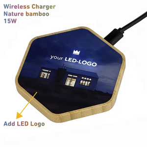 Bamboo custom led logo Fast Charger Cell Mobile Phone Adapter charging pad 15W Wireless Charger