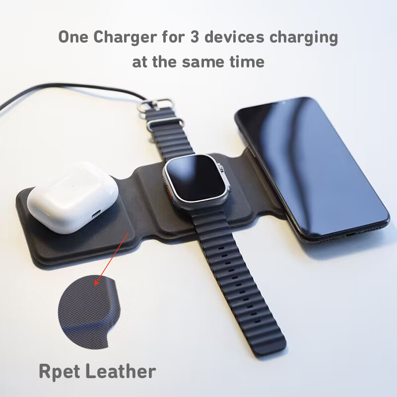 PU leather Foldable 15W Fast Charger Watch Earphone Mobile Phone Multifunction Chargers Magnetic 3 in 1 Wireless Charger Pad