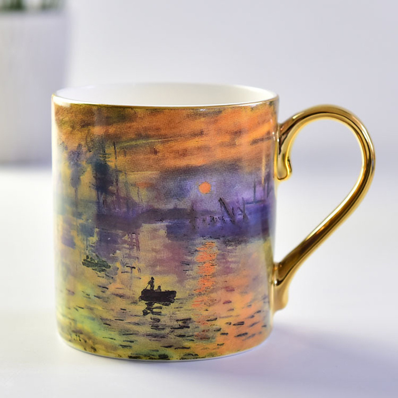 Factory Wholesale Custom Gifts Creative Gold Handle Oil Painting Fine Bone China Water Cup Retro Coffee Ceramic Mug